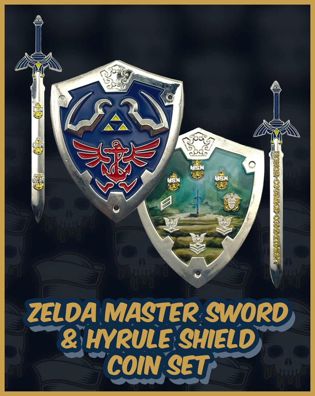 Zelda Hyrule Shield and Master Sword Challenge Coins